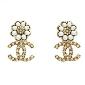 Chanel Earrings CC Logo Gold Clear White Flower Gold X Clear X White